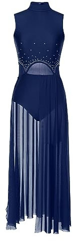 Jowowha Damen Ballettkleid Glitzer Eiskunstlauf Kleid Ballettanzug mit Asymmetrisch Rock Ballett Trikot Tanzbody Modern Lyrisch Tanzkleid S-XXL Marine Blau S