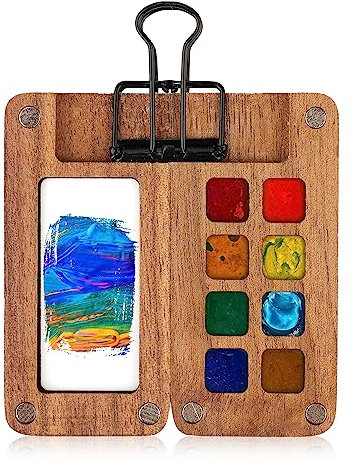 Tragbare Palette, 8 Raster Tragbare Palette Aquarelltasche Holz- Mini Reise Farbtablett-Box für Aquarell Gouache, mit Clip (Pigment Nicht im Lieferumfang enthalten)