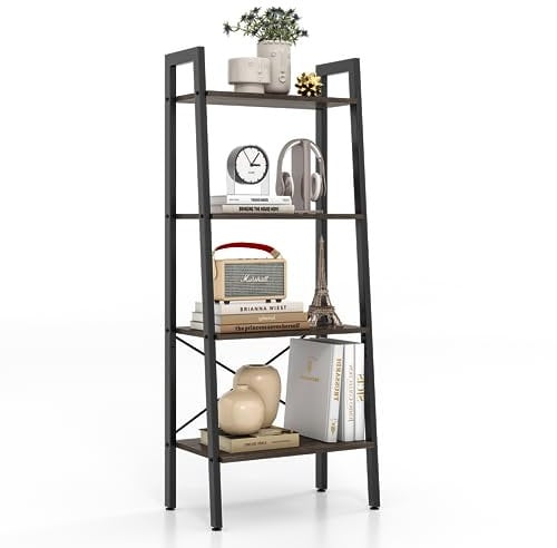 COSTWAY Bücherregal, Regal mit 4 Ebenen, Leiterregal Holz, mit Kippsicherungen & verstellbaren Fußpolstern, Metallrahmen, für Wohnzimmer, Arbeitszimmer & Büro (Graue Eiche)