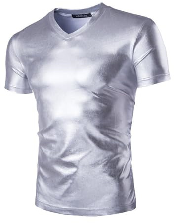Metallische T-Shirts für Herren, kurze Ärmel, glänzende Tunika-Oberteile für Clubwear, V-Ausschnitt, solides Party-T-Shirt, Blusen-T-Shirt, schmal geschnittene, lässige Pullover für den Nachtclub
