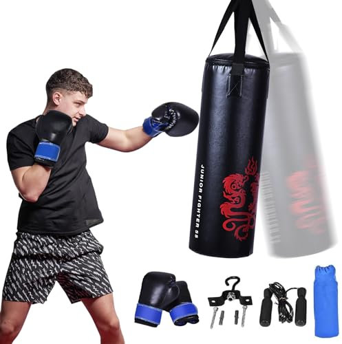 SPOTRAVEL Kids Punching Bag, Heavy Filled Boxing Set with Gloves, Rope Skipping, Bracket and Carrying Bag, PU Hanging Training Equipment for Kickboxing Practice (29x29x73cm)