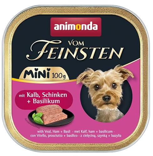 Animonda Vom Feinsten Mini 10 x 100 g Hundefutter | Ohne Getreide, ohne Zucker, ohne Soja | Nassfutter für Hunde | mit leckeren Kräutern (10 x 100 g, Kalb, Schinken + Basilikum)