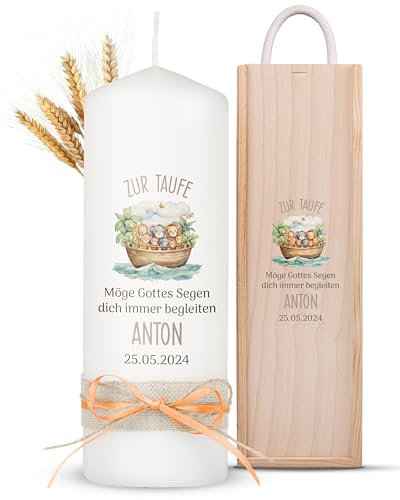AMARI ® Taufkerze personalisiert Arche Noah (002.10.02) H:20cm/⌀:7cm - Taufkerze Mädchen/Junge - 4 verschiedene Größen - Kerze selber gestalten Taufe - Taufkerze selber machen - Taufkerze mit Namen