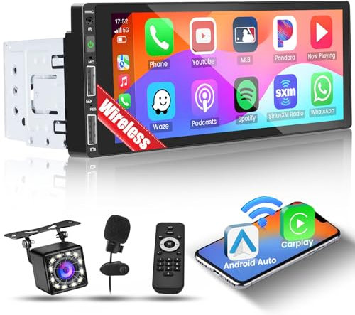 Inefala Autoradio Bluetooth 1 Din con Wireless Carplay Android Auto 6,9 Pollici Touchscreen Stereo Auto Supporta Bluetooth Vivavoce/Mirror Link/FM Radio/USB/EQ con Telecamera Posteriore