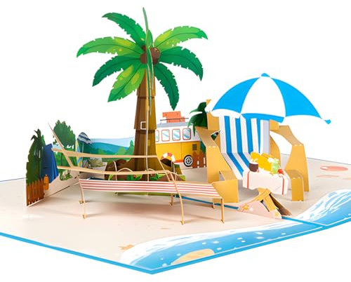 Pop Up Karte Urlaub,3D Urlaubskarte Urlaubsgutschein Geburtstagskarte mit Strandmotiv für Urlaub Reise Flitterwochen, Reisekasse Gutschein