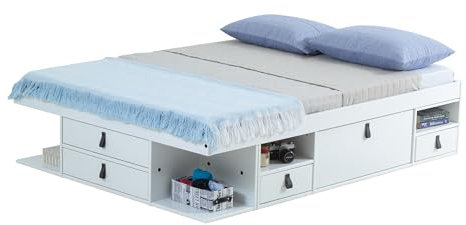 Bett mit Stauraum 180x200 + Funktions-Kopfteil + Lattenrost: Set Bali Weiss. Doppelbett und Kopfteil aus MDF Weiss lackiert mit viel Stauraum und Bettkasten, ideal f. kleine Schlafzimmer