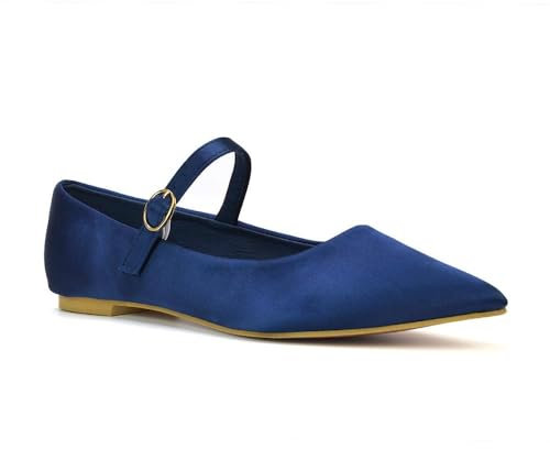 Women's Flat Mary Jane Shoes Ladies Buckle Strap Point Toe Navy Satin Ballet Pumps Size 7