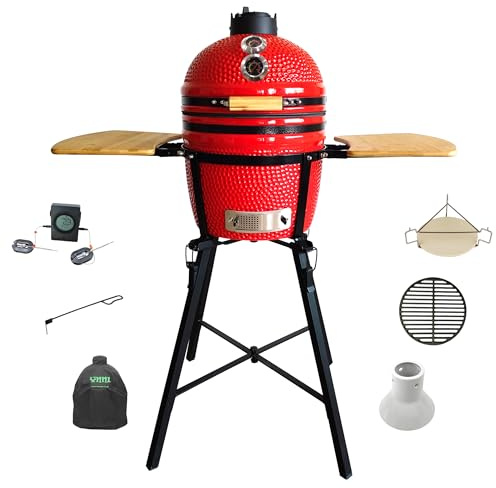 YNNI KAMADO TQTT15REN Freistehender Kamado mit Trolley und Beistelltischen, Grill, Rot, BBQ, Keramik, Ei, Smoker, Bündel mit Extras TQTT15REN