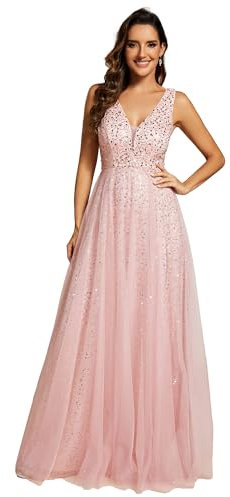 Ever-Pretty Robe Femme de Soirée Longue Paillettes Tulle Col V sans Manche Chic pour Gala Rose 56