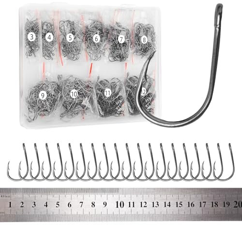 Foyods 500PCS Fishing Hooks Freshwater Saltwater Fishing Hooks Carbon Steel Barbed Fishing Hooks Eyed Sea Fish Hooks Carp Fishing Tackle No#3-#12 Hook for Trout/Bluegill/Sea Bass