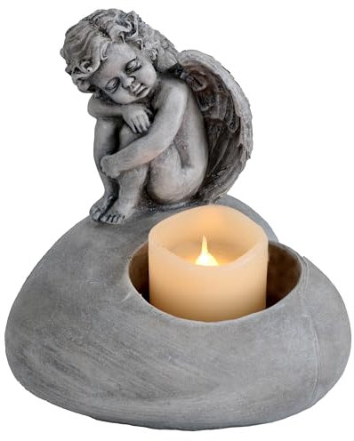 Grablichthalter in Herzform für Grablicht 15 x 15 cm (Herz mit Engel (17 x 15 x 16 cm) Teelichthalter für Grab - Kerzenhalter Friedhof