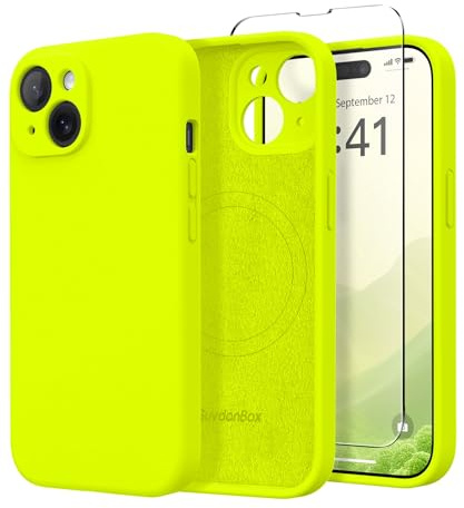 SuydanBox Magnetic for iPhone 15 Case, Compatible with MagSafe, [Screen Protector + Full Camera Protection], Silicone Shockproof Anti-Scratch Protective Phone Case for iPhone 15, Fluorescent Green