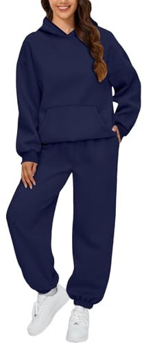Hausanzug Damen Kuschelig,Zweiteiler für Damen,Damen Hoodies Trainingsanzug Langarm Sweatshirts Jogger 2-Teilige Kapuze Jogger Rundhalsausschnitt Zweiteiliges Outfit,Blau,M