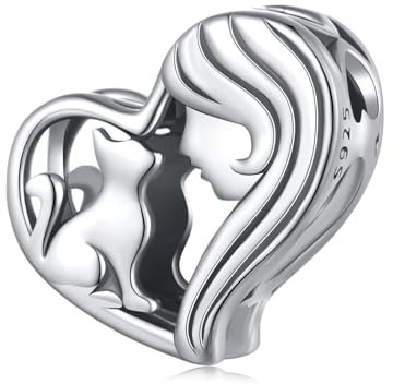 Qings Charm Bead Gatto per Braccialetto in Argento Sterling 925 Ciondolo a Forma di Cuore di Gatto per Collana