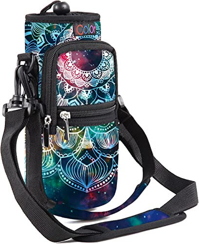 icolor Trinkflaschenhalter Tragetasche für Wasserflasche mit Verstellbar Schultergurt Flaschenhalter mit Phone Taschen,Neopren Trinkflasche Beutel Flaschen Halter (Mandala, 25oz(About750ml))