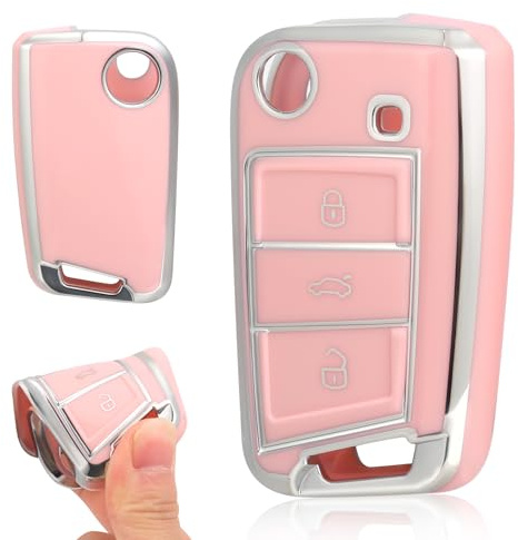 3 Bouton Housse de Protection Porte-clés pour VW Golf 7 MK7 GTI Skoda Seat Leon Octavia Polo Seat Ibiza T1guan Tarraco Coque De Clé De Voiture en Silicone VW Polo, Porte Boitier Clef VW Golf (Rose)
