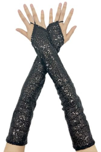 SamHeng Damen Fingerlose Pailletten Handschuhe, Extralange Opernhandschuhe Elastisch Glänzend Tanzhandschuhe Kostüm Handschuhe für Hochzeit Maskerade Party Rave Cosplay Bühnenleistung (Schwarz)