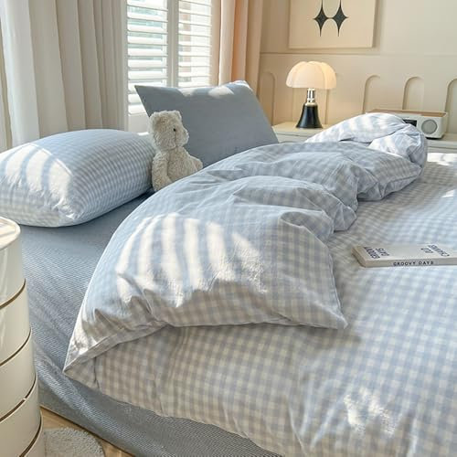 Covebett Housse de Couette 200x200 à Carreaux Vichy Bleu et Blanc Moderne Parure de Lit Adulte 2 Personnes Housse Couette en Microfibre Linge de lit avec Fermeture Éclair et 2 Taies d'oreiller 65x65