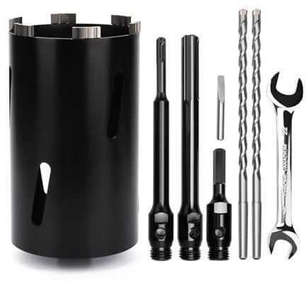 Corona di foratura 120 mm, lunghezza utile 200 mm con codolo Sds Plus, 220 mm, Sds max 220 mm, codolo esagonale 110 mm, punta di centraggio 10 x 240 mm, per muratura