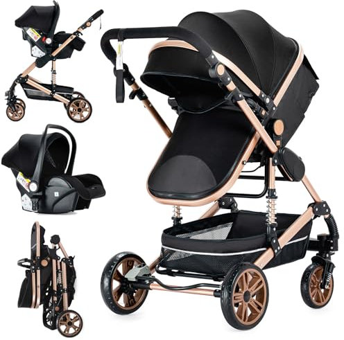 Veitoalioy Kinderwagen 3 in 1, Bequemer Multifunktionaler Kombikinderwagen 3 in 1 Komplettset, Faltbarer Kinderwagen Set, Aluminium Hohe Landschaft Babywagen (739 Black Gold)