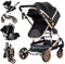 Veitoalioy Kinderwagen 3 in 1, Bequemer Multifunktionaler Kombikinderwagen 3 in 1 Komplettset, Faltbarer Kinderwagen Set, Aluminium Hohe Landschaft Babywagen (739 Black Gold)