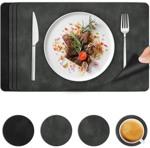 Platzsets Abwaschbar und Untersetzer 4er Set, Tischsets Leder Kuhfell Doppelseitigen Hitzebeständig, Platzdeckchen Lederoptik Rutschfest mit Telleruntersetzer Abwischbar, Dunkelgrau Schwarz,44.5*30cm