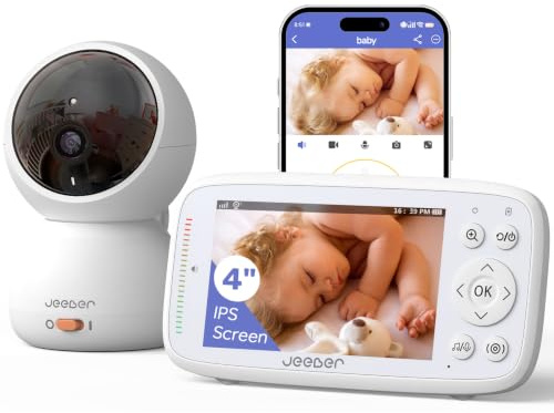 jeeber 1080P Wifi Video Baby Monitor with App, 4'' IPS Screen, HD Night Vision, Motion & Cry Detection, 360° PTZ Camera, Two-Way Talk, Lullabies, Temperature Sensor, Feeding Reminder, Virtual Fence