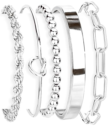 Gokeey Silver Cuff Bracelets for Women,Dainty Silver Bangles Bracelets Set for Women, Paperclip Link Chain Rope Beaded Tie Knot Bracelets Stack Chunky Jewelry