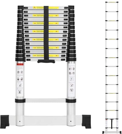 Eikuavons Teleskopleiter, 4.4M Aluminium Ausziehbare Leiter mit Stabilisator, Belastung 150kg, Rutschfester Aluleiter Stehleiter Mehrzweckleiter für Dachboden Büro Wohnmobil Klettern