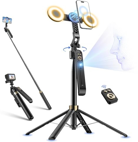 Jeebel Treppiede con Tracciamento Automatico, 180cm Bastone Magnetico per Selfie con Luce LED/Controllo Gesti/No App, Treppiede Stabilizzatore Cardanico per iPhone Smartphone DSLR Video Live Vlog
