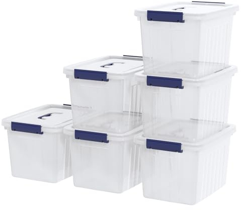 Ziglous 12 L Clear Plastic Storage Boxes with Lid and Handle, 6 Packs, Blue | Large Stackable Storage Containers