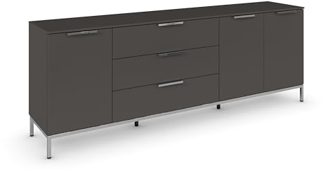 Rauch Möbel Flipp, Kommode, Farbe Graphit, Breite 199 cm | Sideboard, 3-türig, 3 Schubladen, Soft-Close, Griffe, Metallkufe Chrom, für Schlafzimmer, Gästezimmer, Wohnzimmer