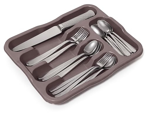 DIVCHI 5 Compartment Cutlery Tray Compact Storage Divider for Kitchen Drawers Plastic Cutlery Organiser Insert with Anti-Slip Base, Utensil Holder for Knives Forks Spoons, Durable Easy Clean (Brown)