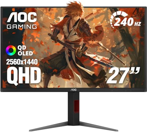 AOC Q27GAZDV 27'' OLED Gaming Monitor (QD-OLED), 1440p QHD 2560x1440, 240Hz, 0.03ms, HDMI 2.1, G-Sync Compatible, HDR True Black, Supporto regolabile in altezza, Hub USB, Q27GAZDV