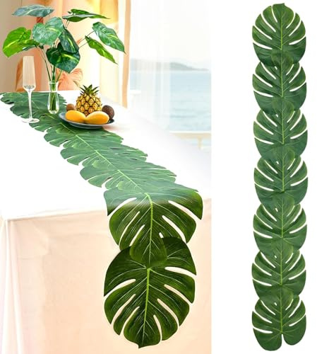 Tischläufer Grün Monstera Blätter Künstliche Palmenblätter Tisch Läufer 28 x 178 cm Tischläufer Palmblätter Sommer Hawaii Tischdeko für Tropisch Party, Dschungel Party