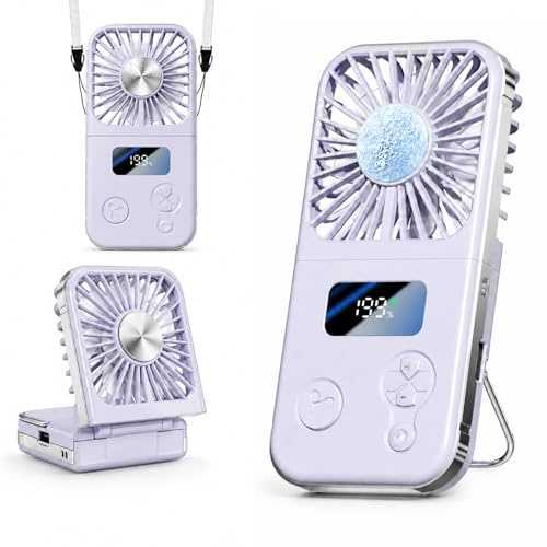 SINOTE'CA Ventilatore Portatile con Piastra Fredda, Pieghevole, USB Ricaricabile, 5 Livelli di Velocità, Ventilatore da Collo e da Tavolo, con Funzione Power Bank