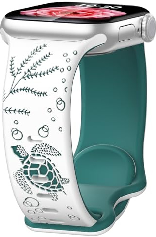 Paovkoi Ersatzarmband Kompatibel mit Apple Watch Graviertes mit Schildkröte Muster Armband 40mm 42mm 46mm 44mm 45mm 41mm 38mm, Silikon Band für iWatch Series 11 10 9 8 7 6 5 4 SE 3 2 1 - Weiß Grün