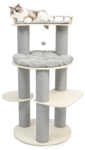 CanadianCat Company | Kratzbaum Miles 135,5 cm - Stabiler Katzenbaum mit Relingbett - Kratzsäulen Ø15 cm mit Papierseil - Cordplüsch - Natur grau