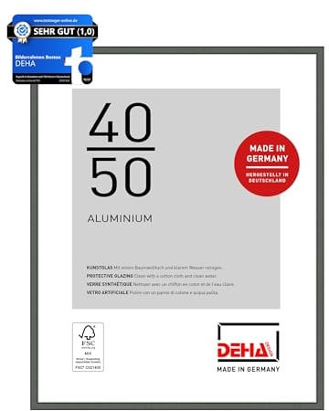 DEHA Design Bilderrahmen, 40 x 50 cm, Aluminium, Grau matt, Posterrahmen zum Aufhängen im Hoch- & Querformat, bruchsicheres Kunstglas, Boston