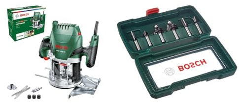 Bosch POF 1200 AE Router Expert, 1200 W + Bosch 2607019463 Set Misto, 6 Frese HM, Gambo 8 mm