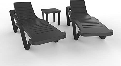 resol grupo garbar Master-Andorra Set 2+1 Tumbona-Mesa Auxiliar Exterior | jardín, terraza, balcón, Playa, Piscina | diseño, Ligero, apilable, reclinable, Ruedas, Posavasos | Antracita