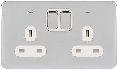 Schneider Electric GGBL3021DWPC Lisse Screwless Deco, Switched Double Power Socket, Double Pole with Neon Indicator, Polished Chrome with White Insert, 13 A