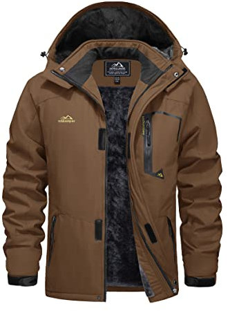 EKLENTSON Mens Waterproof Fleece Lined Jacket Skiing Winter Windproof Coat Hooded Outdoor Fishing Mountain Hiking Jacket Multi-Pockets Coffee,XL