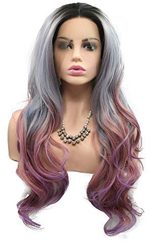 XINGYU Cheveux naturels colorés attachés à la Main pour Halloween Partie latérale Coiffure Maquillage pour Femmes Synthétique Lace Front Perruques Racine foncée Grey Blend Ombre Peach Pink