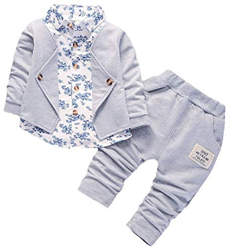 BibiCola Baby Boy Clothes Toddler Cute Outfits for Child Three Piece Suit Long Sleeve Jacket+T-Shirt+Jeans Pants(grey, 4T)