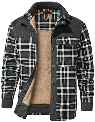 Mr.Stream Men's Padded Lumberjack Casual Long Sleeve Plaid Flannel Fur Lined Button Warm Shirt Sherp Jacket 3251 Grey M