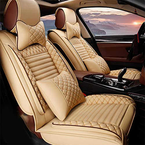 Muchkey 5-Sitze Auto Sitzbezüge Leder Autositzbezüge Set mit Kopfstütze Nackenkissen & Rückenkissen Autositze Zubehör Beige