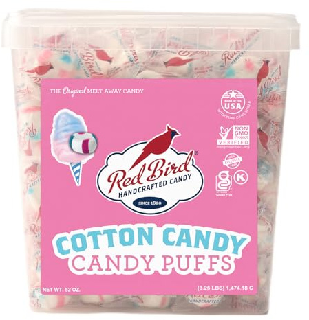 Red Bird Cotton Candy Mints, Bulk Individually Wrapped Soft Puffs, 52 oz Tub