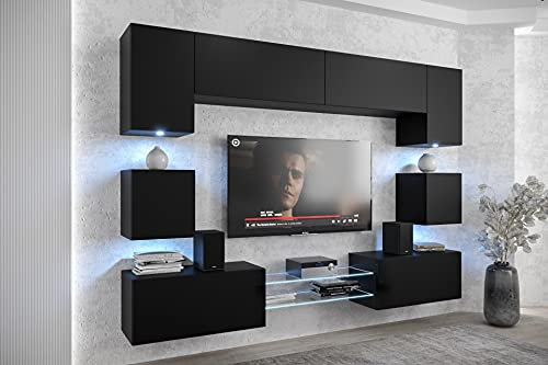 Furnitech NOWARA ANX1 Mediawand Wandschrank Wohnwand mit Led Beleuchtung Wohnzimmer Möbel Schrankwand (LED blau, ANX1-17B-M1-1A) MATT