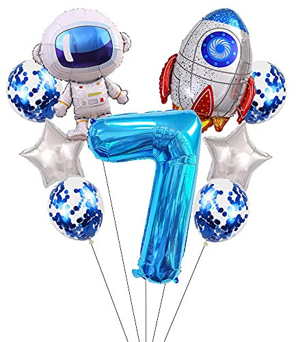 Liitata Weltraum Luftballon Set 7. Kinder Geburtstag Deko Zahl 7 Folienballon Blau Großes Astronaut Raketen Luftballons Stern Ballon Konfetti Luftballons für Junge Geburtstag Party Motto Party Deko